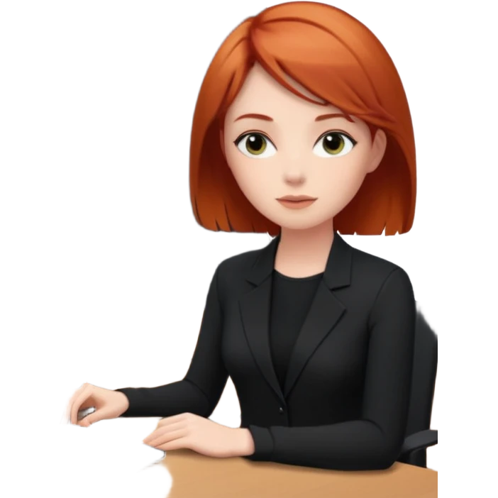 “Video call therapy session: red-haired therapist with short hair wearing black minimalist clothing, seated in a professional home office, looking at the webcam; client with long hair wearing all-black outfit visible on screen; calm, modern teletherapy setting emoji