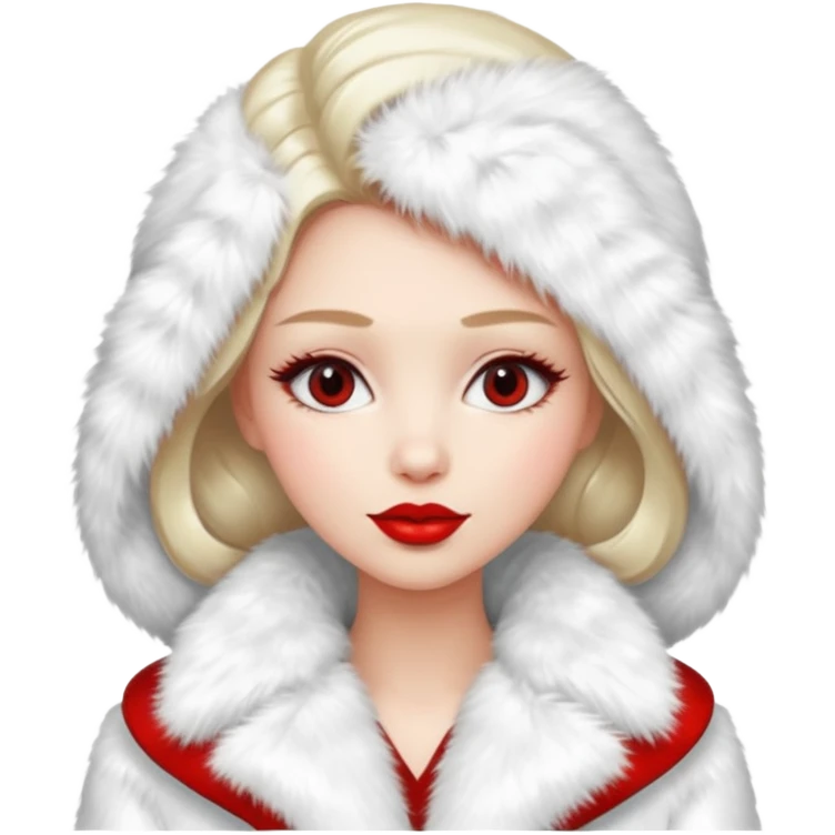 A beautiful, cute girl with red lipstick on her lips in a white fur coat,  in full view emoji