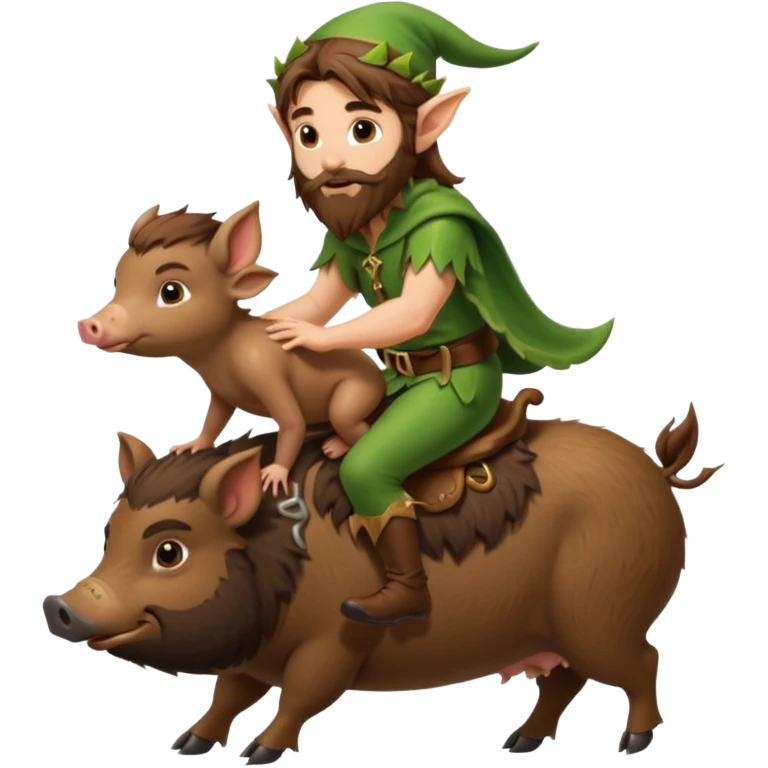 tiny forest elf man long brown hair beard riding baby boar emoji