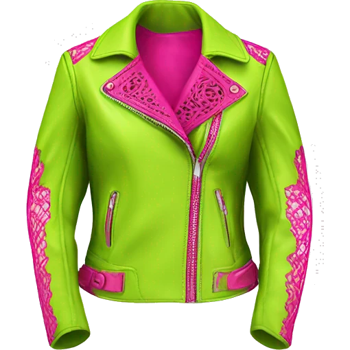 Realistic isolated side view of an open lime green fashion leather jacket with hot pink lace trim on it. emoji