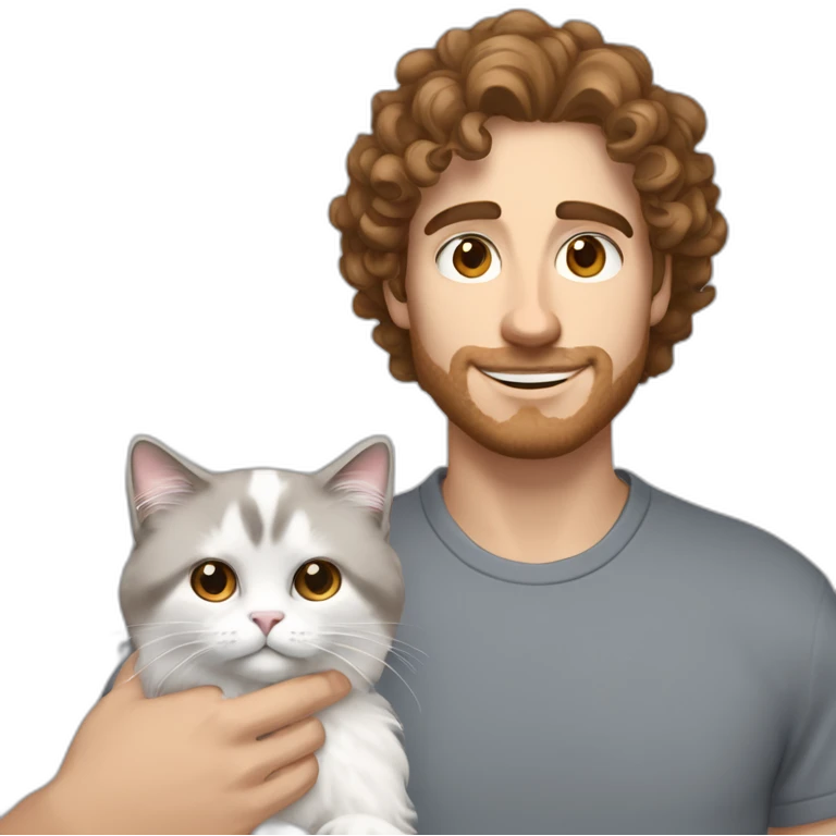 White man with brown curly hair, brown eyes, thick eyebrows, sharp jawline, bigger nose holding white and grey Ragdoll cat emoji