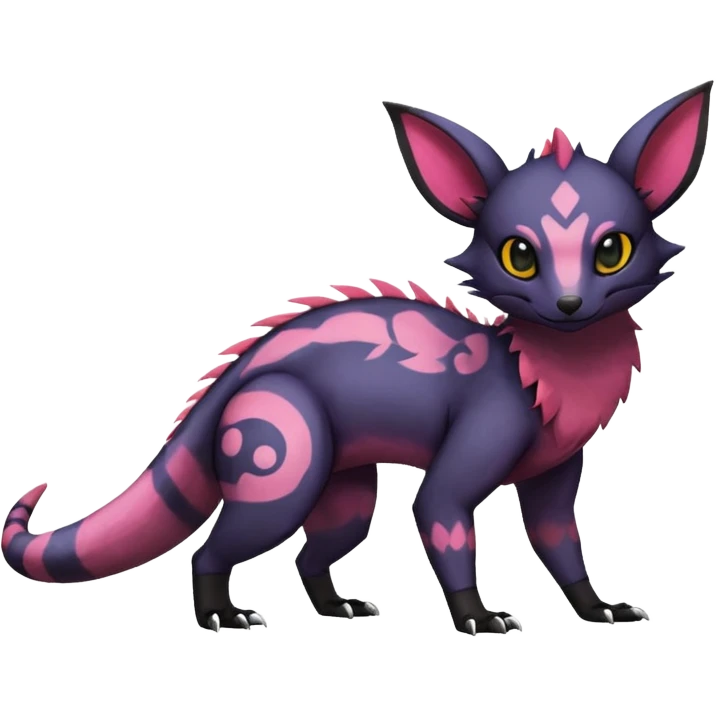 Rare epic aesthetic colorful Salandit-Noibat-Eevee-Civet-species-Fakemon-hybrid-creature, with markings, full body emoji