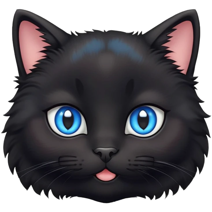 super cute fluffy black cat face with big adorable blue eyes, kawaii style, round face, very cute expression emoji