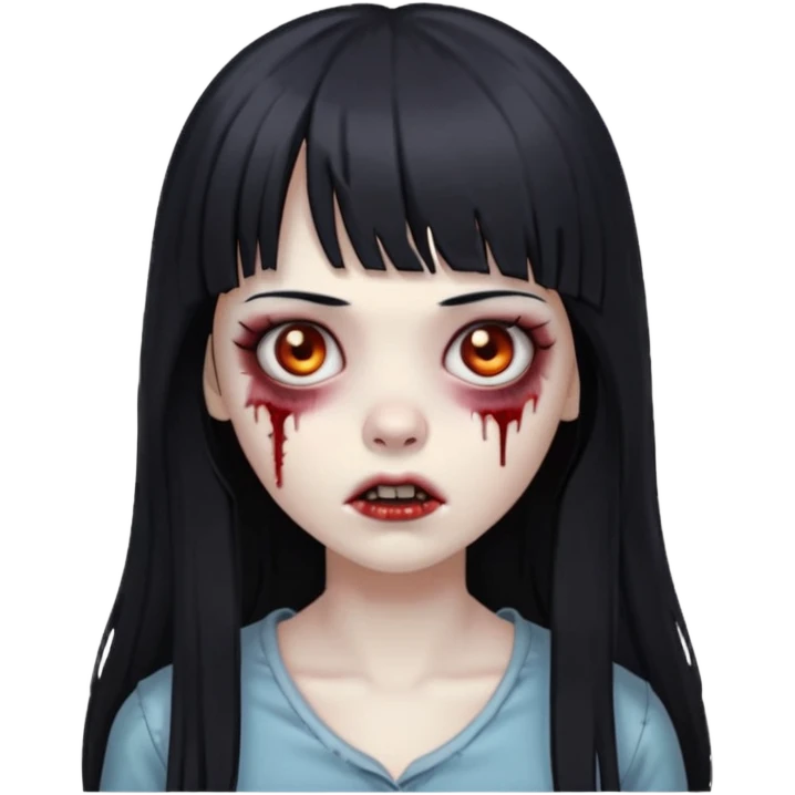 faça o emoji de uma menina zumbi de cabelos longos pretos com franja emoji