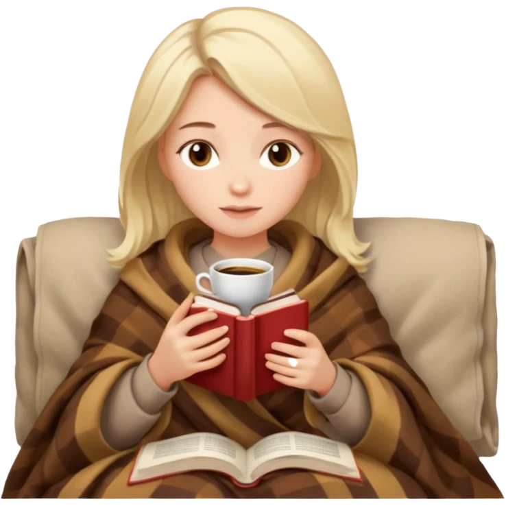 Beige hair Girl drinking coffee, reading book with a cozy blanket emoji