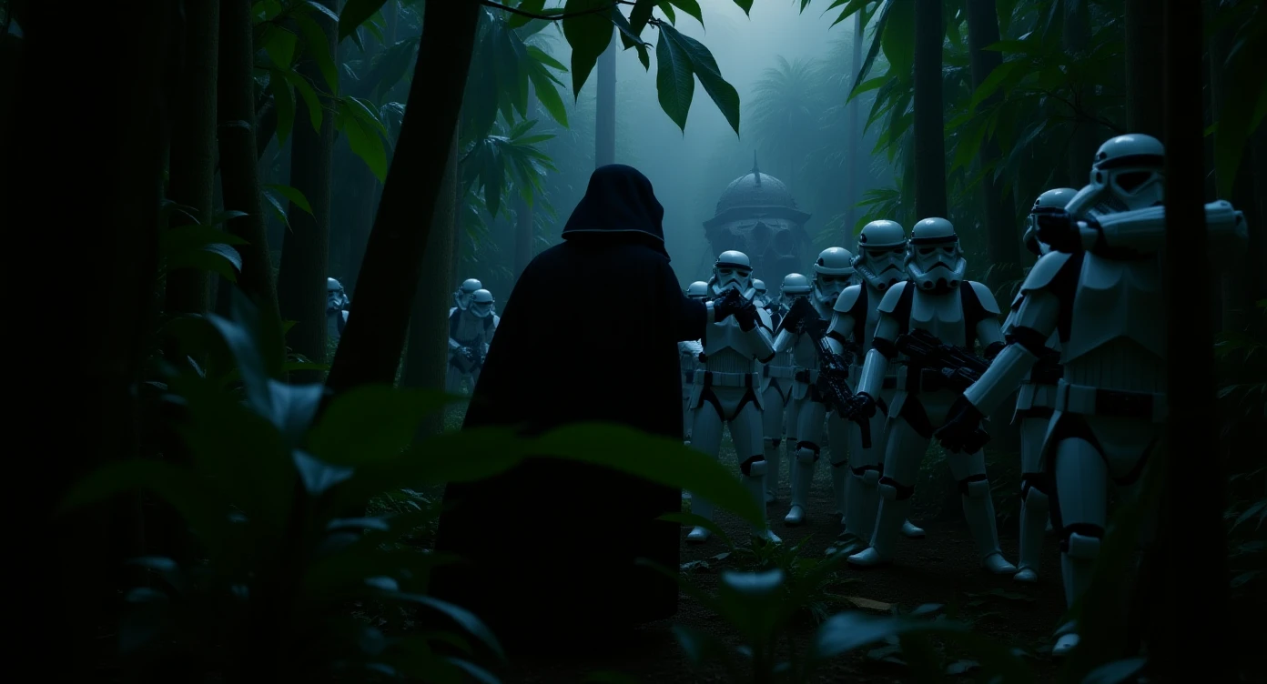 cinematic still, Closeup shot, amazon jungle,  blurred plants in the foreground (frame within a frame), Darth Vader around stormtroopers coming out from starship on ground, they are exploring the jungle, inspired by StarWars movie, captured by arri alexa emoji