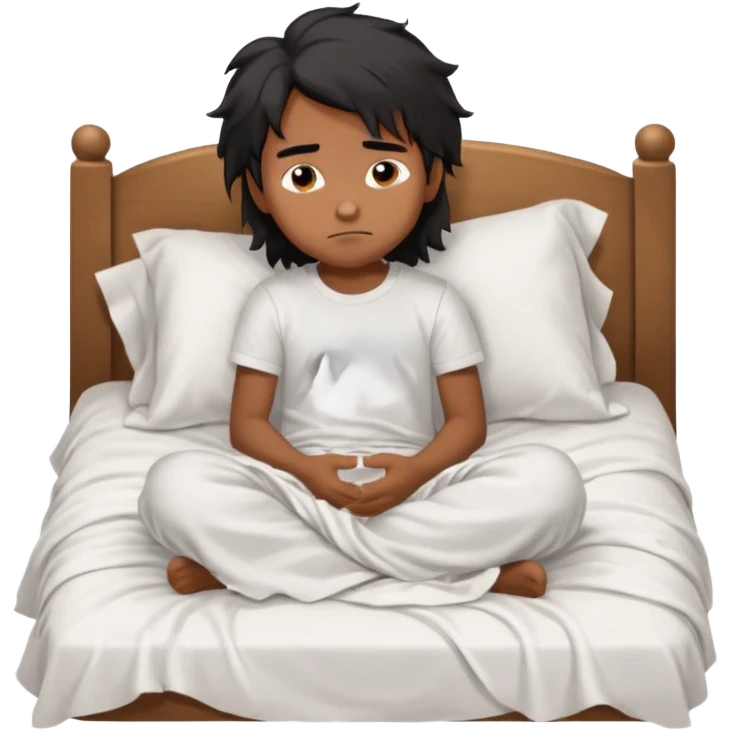 generate a pretty bratz brown skinned boy with black messy long hair wearing a white tshirt sitting in his in bed. Looking sleepy emoji