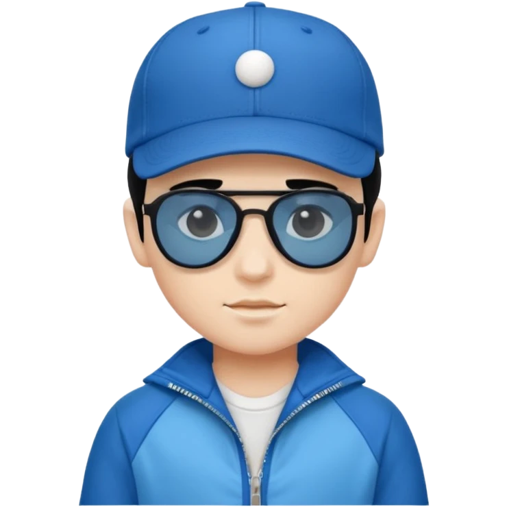 make a genmoji of a boy with a white baseball cap, black hair and a blue zipper jacket with black sunglasses emoji