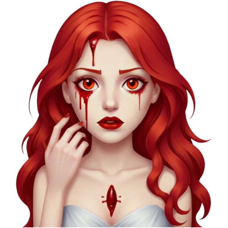 a woman with long red hair and red eyes. She have red lipstick. blood on face and metaphorical chest emoji