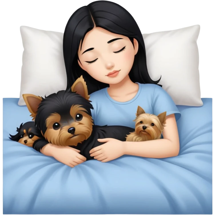 pretty asian girl with black hair sleeping in bed with yorkshire terrier emoji
