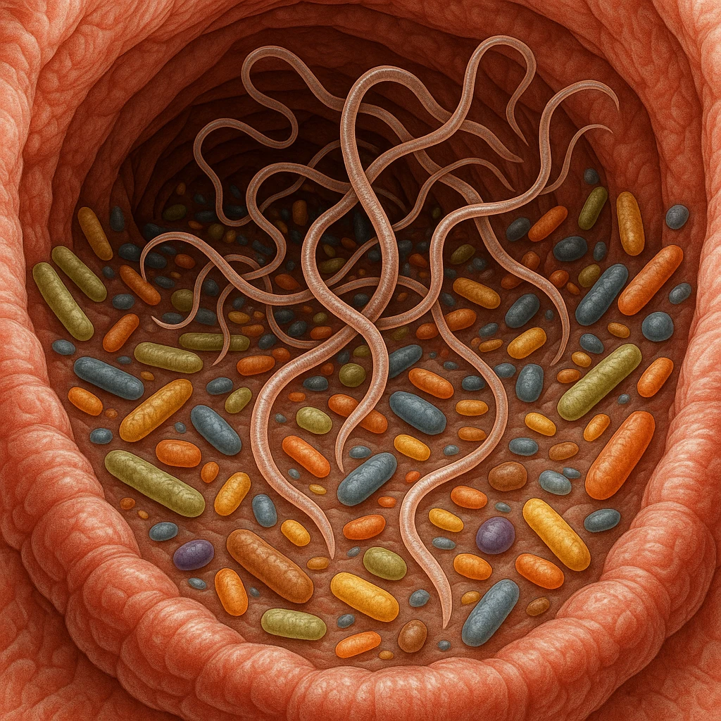a medical illustration of a human realistic gut with bacteria and virus like worms emoji