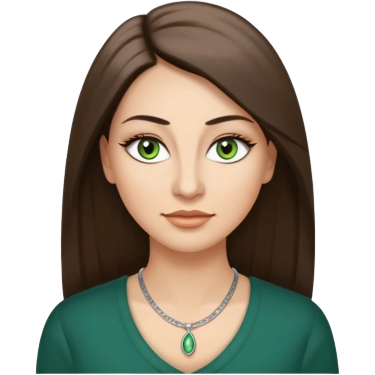 40 year old Adult woman avatar, light skin tone, oval face, long straight ashy brown hair, green almond-shaped eyes with dramatic eyelashes and minimal eyeliner, neutral mouth, medium straight eyebrows, small nose, smooth skin emoji