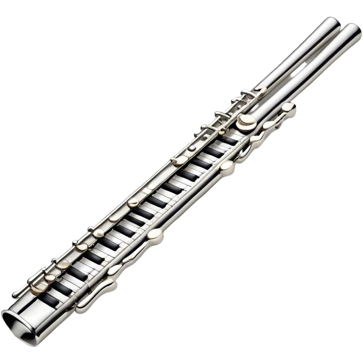 Cinematic Realistic Flute, polished silver metal with precise keywork, soft reflections of warm light dancing along its length, a musician’s delicate fingers pressing the keys, glowing with a sleek and elegant charm. emoji