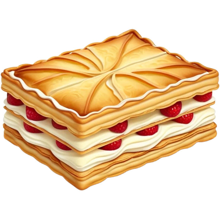 mille-feuille-cinematic-realistic-mille-feuille-dessert-emoji,-depicted-as-a-rectangular delicate-pastry-composed-of-two-crisp-layers-of-puff-pastry-with-a-rich-cream-filling,-rendered-with-intricate-textures-and-elegant,-soft-lighting. Please only show two layers only. emoji