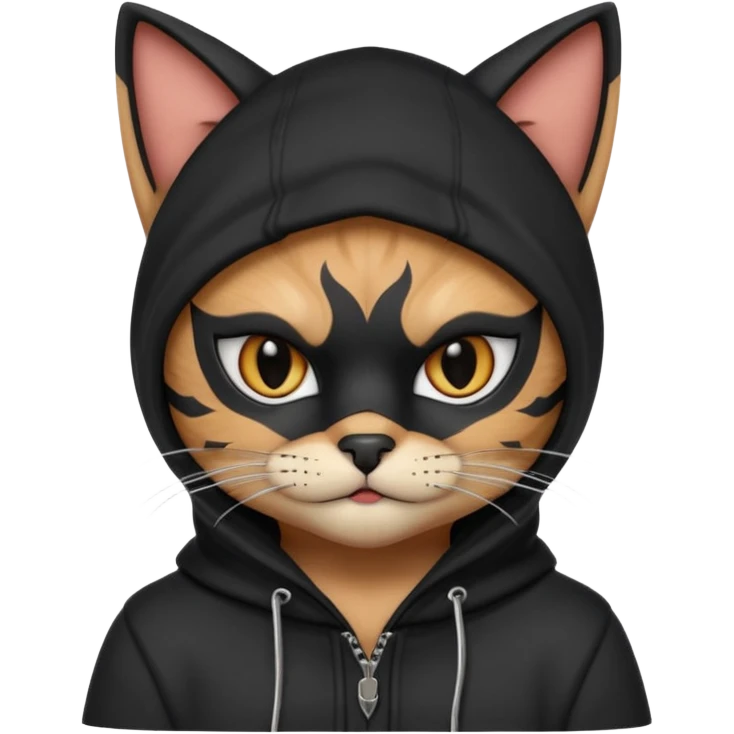 thief cat portrait, head and shoulders only, black mask markings, sly eyes, dark hoodie collar, mischievous expression, 3D cartoon, mobile game icon style, clean background, no text, no watermark
 emoji