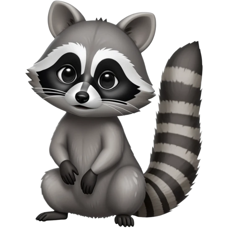Cinematic-Raccoon-Realistic-hunched Full-Body on all fours-Emoji – Tail flicking lazily, head tilted dramatically, thick grey fur with a signature black mask, sharp and alert ears, simplified yet realistic focused features, highly detailed, glowing with an almost sarcastic glow. big black eyes emoji