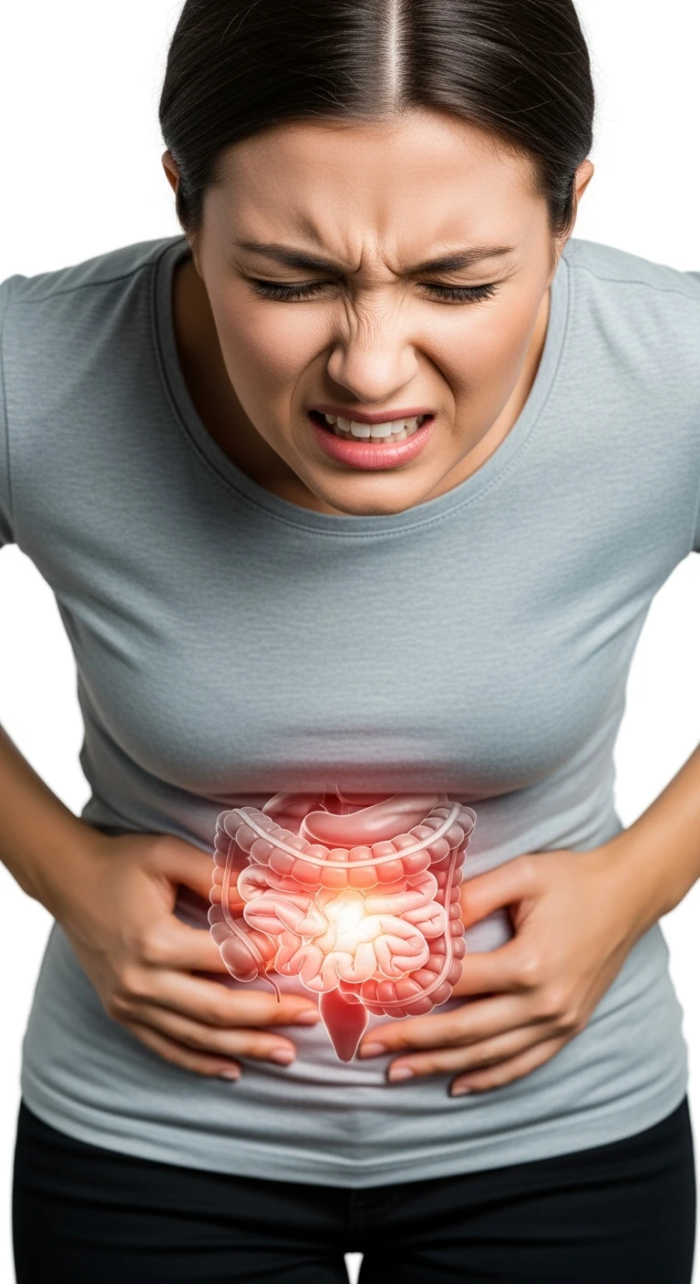 donna piegata in avanti frontalmente con mal di pancia, espressione di dolore in volto in primo piano e intestino anatomico in evidenza, iperrealistico 4k, sfondo bianco emoji