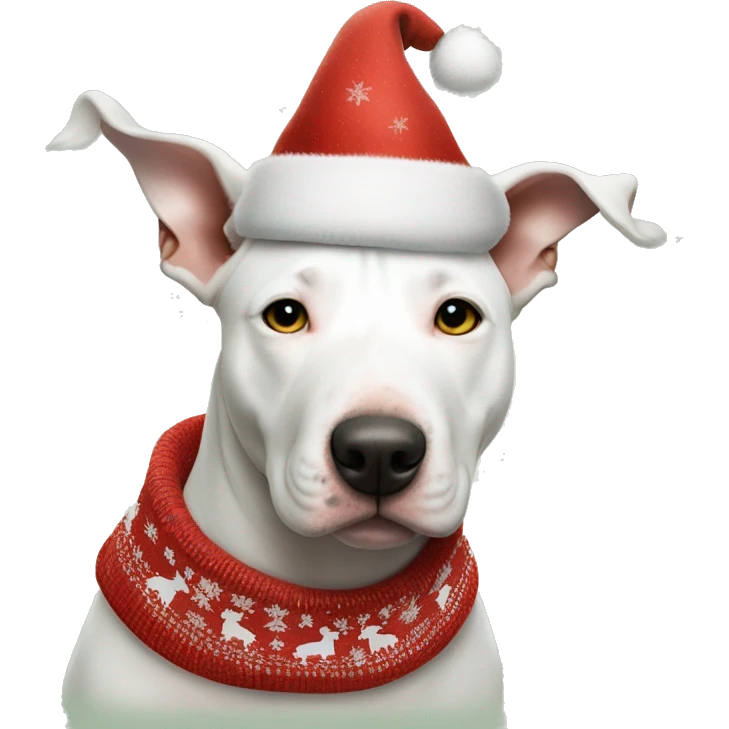 white American Bull Terrier, with spots on the eyes and forehead, in Christmas clothes, a hat emoji