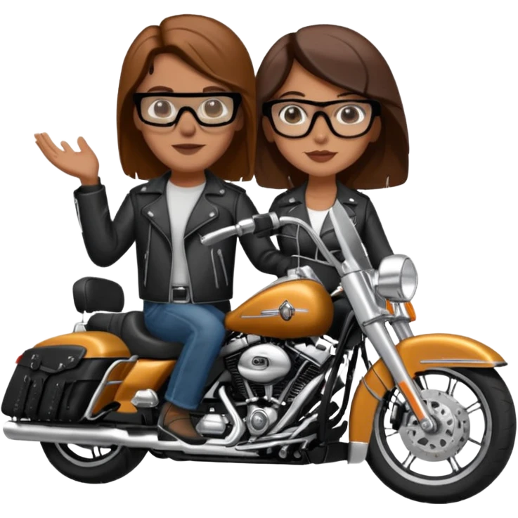 Un couple de biker sur une harley road king noire, l'homme no moustache et une paire de lunettes demetz ros21, la fille a des cheveux plus dans les tons chatain emoji