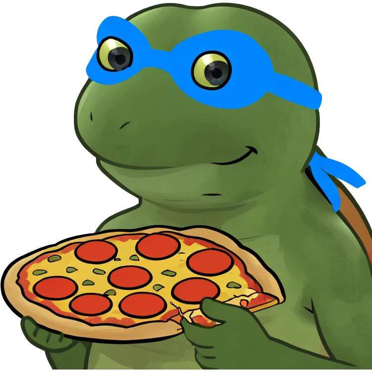ninja turtle wearing blue eye mask with pizza emoji