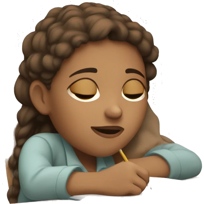 girl with fair skin, brown eyes, brown hair sleeping on homework emoji