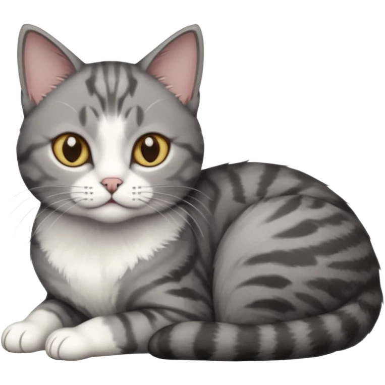 full body tiny short hair dark grey and white cat with hazel eyes lying down emoji