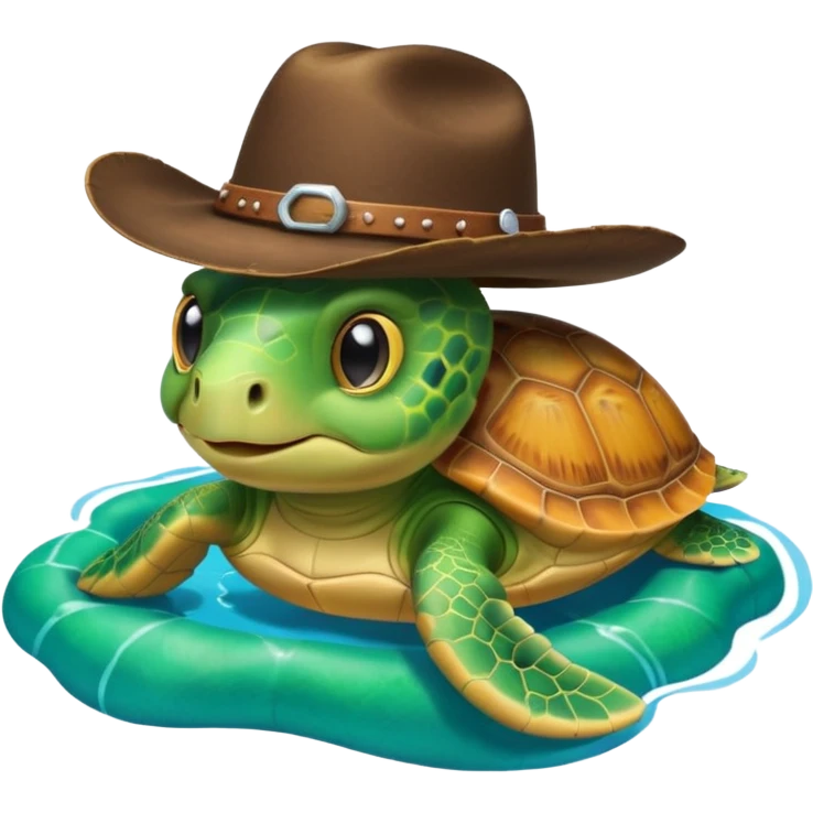 Cute blow up green pool turtle with a cowboy hat emoji