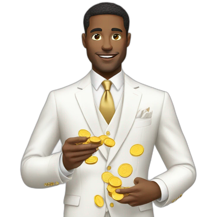 Posh-man-with-white-suit-holding-golden-coins emoji