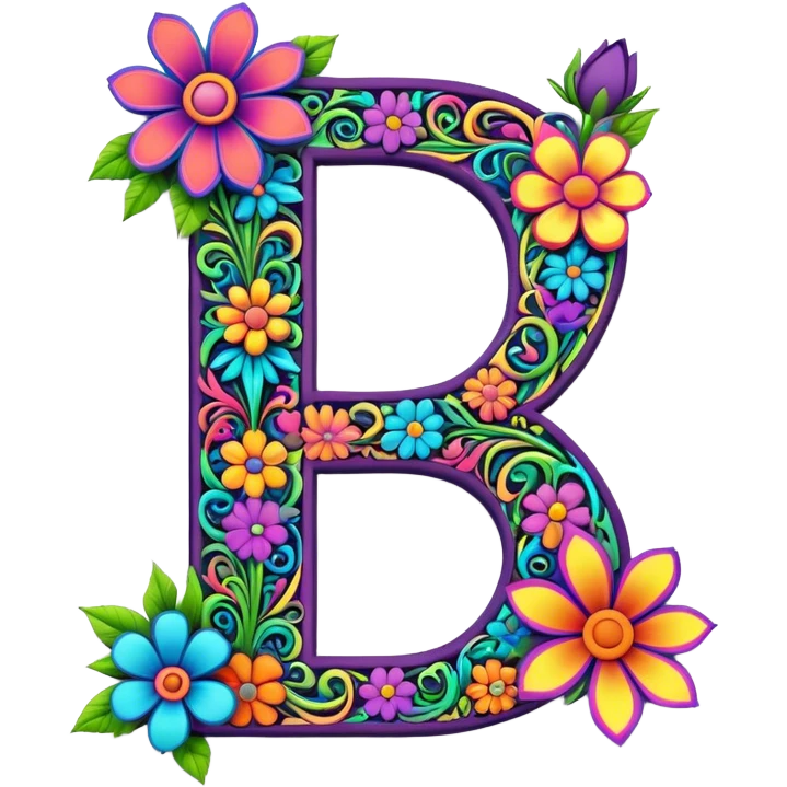 3D, gothic style psychedelic colored Letter “D” with hippie style flower border emoji