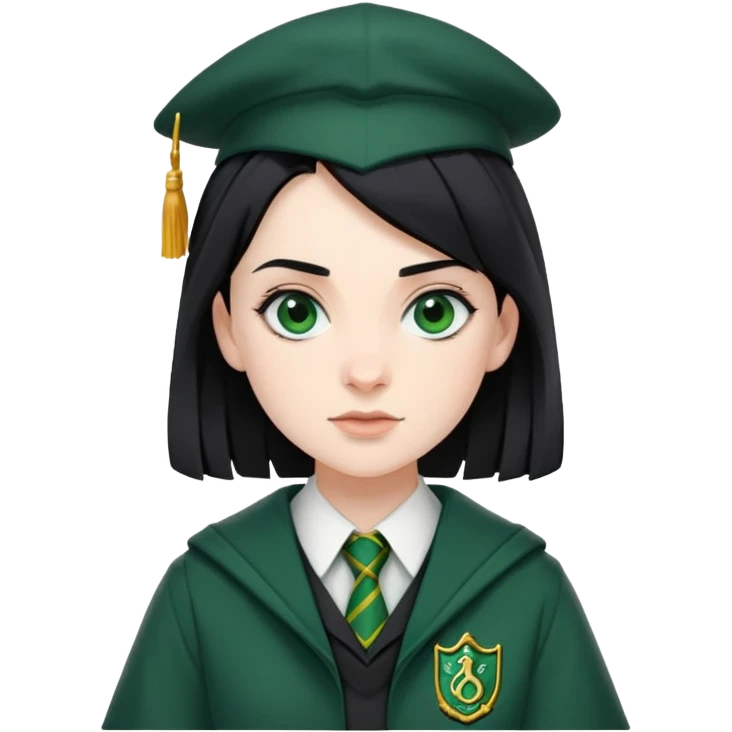 Pansy Parkinson in harry potter, wear hogwarts slytherin uniform, black hair emoji