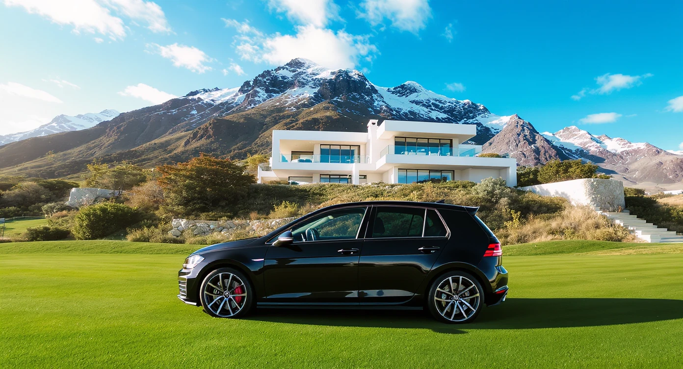 black Golf 4 with, in background is modern huge two flors white villa, in distance are iceland mountains, rule of thirds, shot on gopro hero, noise camera emoji