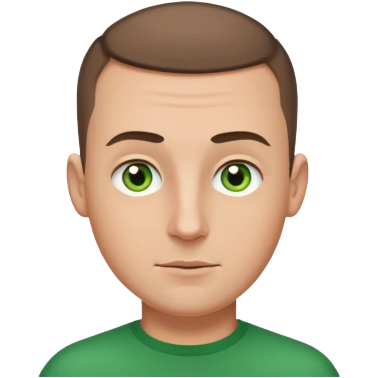 white man, 30s, round face, wide nose, thick eyebrows, clean shaven, buzz cut brown hair, green eyes, emoji style emoji