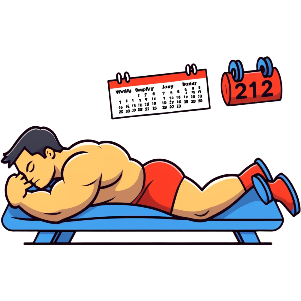 bodybuilder sleeping deeply with calendar highlighting two days, gym weights set aside, cartoonish sticker style emoji