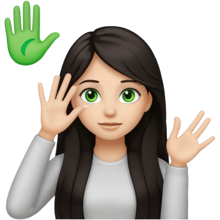 Animated girl dark long hair green eyes emoji holding right side of the head with her hand with duh facial expression  emoji