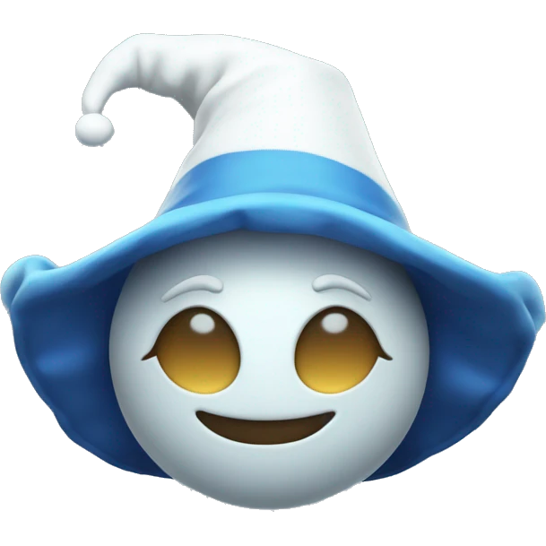 Moondrop a blue and white jester animatronic with a moon-shaped face and a sleeping cap emoji