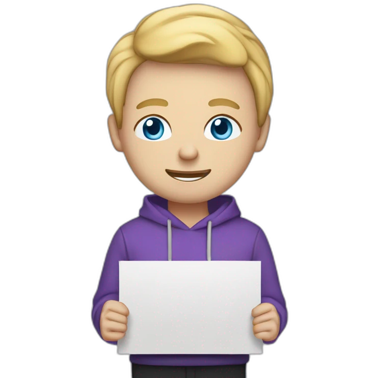 A man with blond hair, light blue eyes,wearing a purple hoodie l, in black pants  holding a sign with a text “wstyy bot” emoji