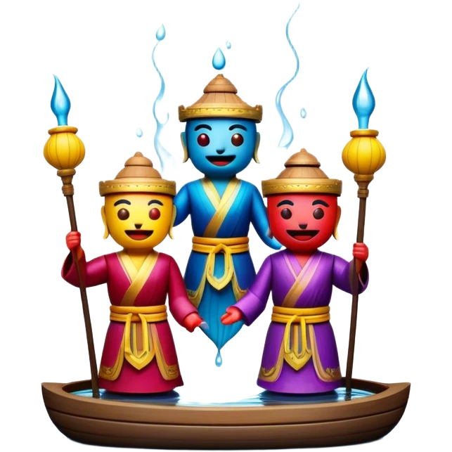 Cinematic Realistic Water Puppetry Emoji, depicted as a whimsical scene of traditional water puppets performing on a reflective water stage, rendered with vivid textures and dynamic playful lighting that captures its enchanting charm. emoji