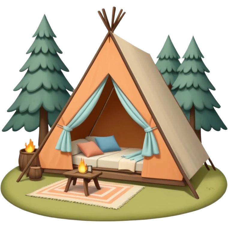 A-Frame house in a glamping setting, with a tent and outdoor furniture emoji