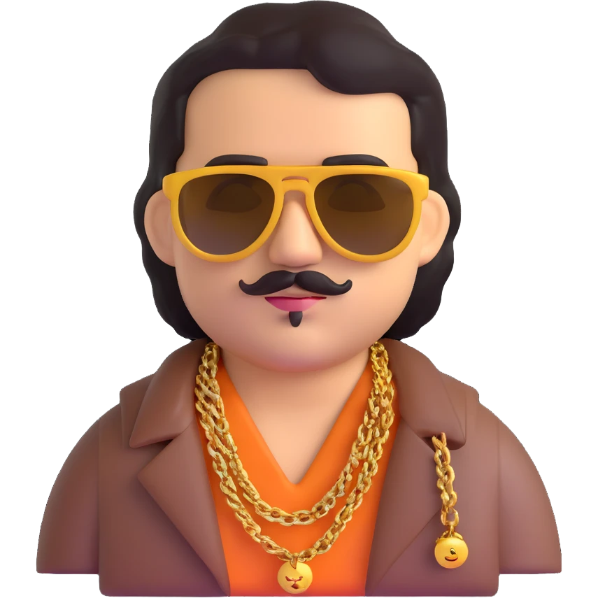 Pablo Escobar emoji with sunglasses, gold chain, 1980s style emoji
