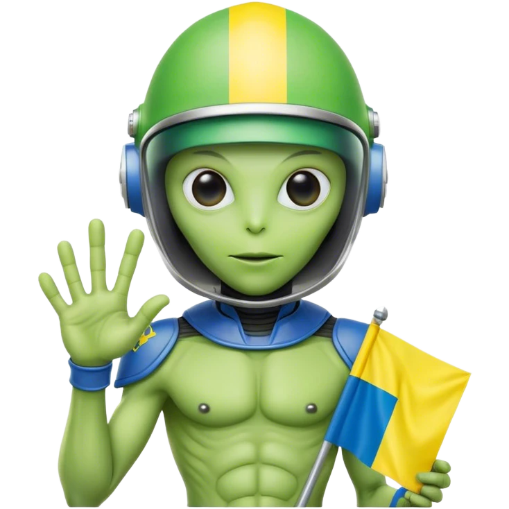 Green alien in helmet, with Ukraine flag in a hand emoji