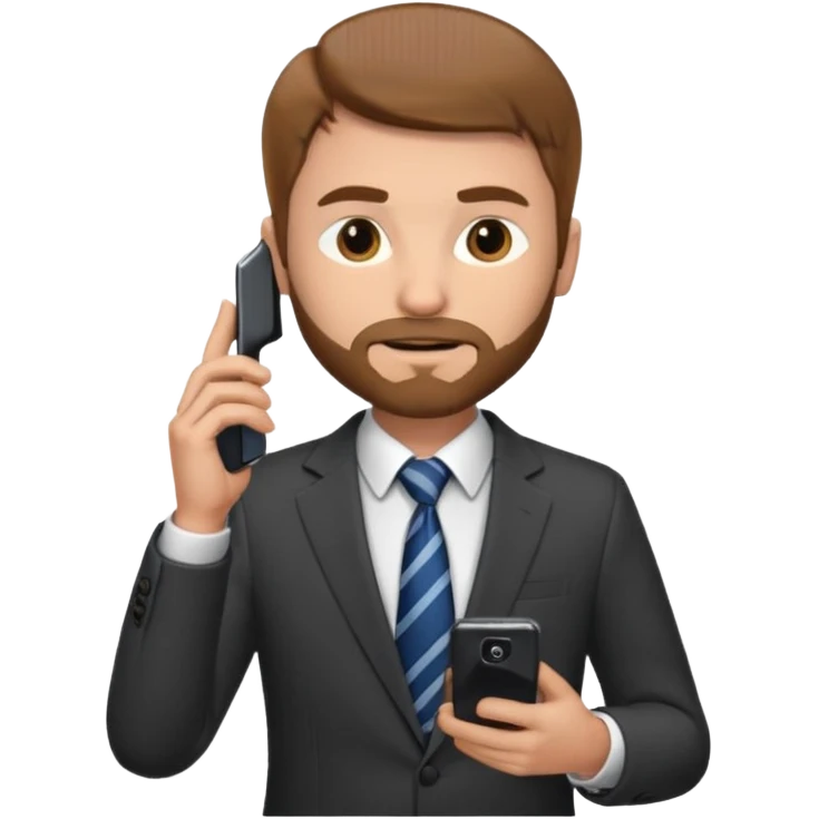 Un hombre con poco barba,  de traje con tez clara pelo color castaño, vestido con traje camisa y corbata y un celular en mano .  emoji