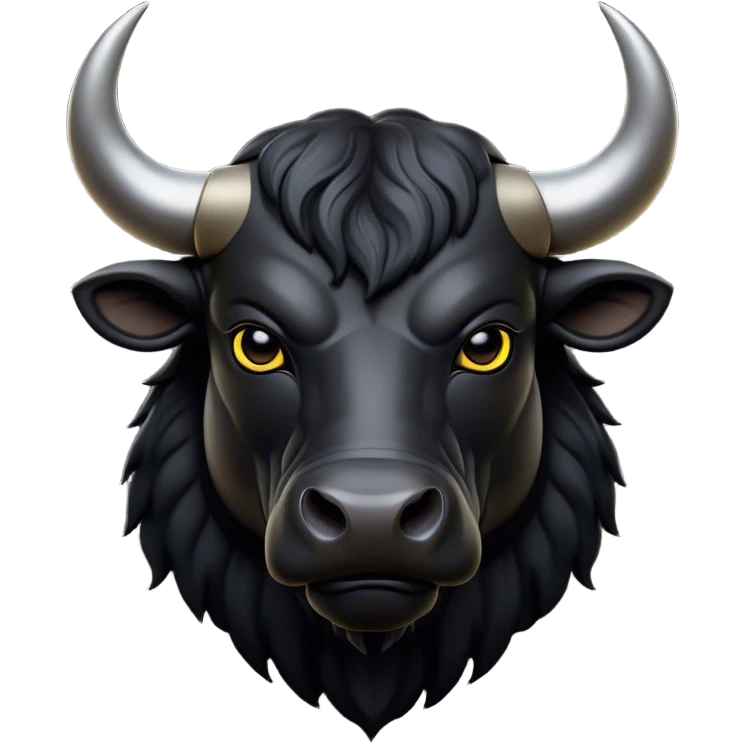 Cinematic Noble Black Bull Portrait Emoji, Poised and regal, with a massive, muscular build and a sleek, well-groomed pure black hide, deep-set soulful dark eyes, Simplified yet sharp and sophisticated features, highly detailed, glowing with a soft, dignified glow, high shine, intelligent and formidable, stylized with an air of strength, focused and attentive, soft glowing outline, capturing the essence of a watchful and confident guardian, so majestic it feels as though it could charge out of the screen with effortless authority! emoji