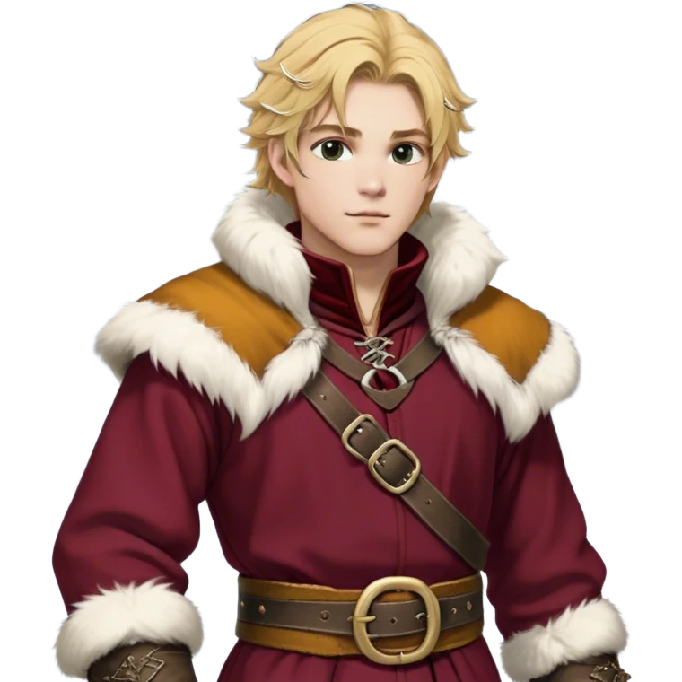 Medieval winter outfit worn by a DnD themed fantasy male character. Thick crimson wool tunic with white fox fur trim, featuring carved ivory toggles and a wide leather belt with bronze buckle. Clothes only above the waist, full waist coverage. The character has no arms. Character is white-skinned with honey gold hair, storm-cloud gray eyes, and medium-length tousled hair with icy highlights. emoji