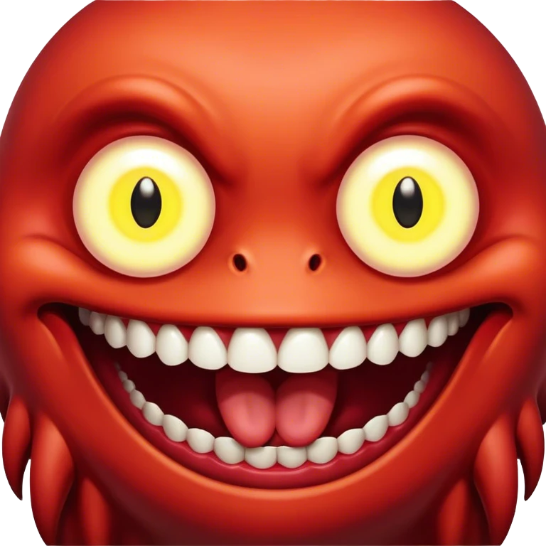 Creature comes out of the eye of a another creature who has red skin and a wide smile with long teeth emoji