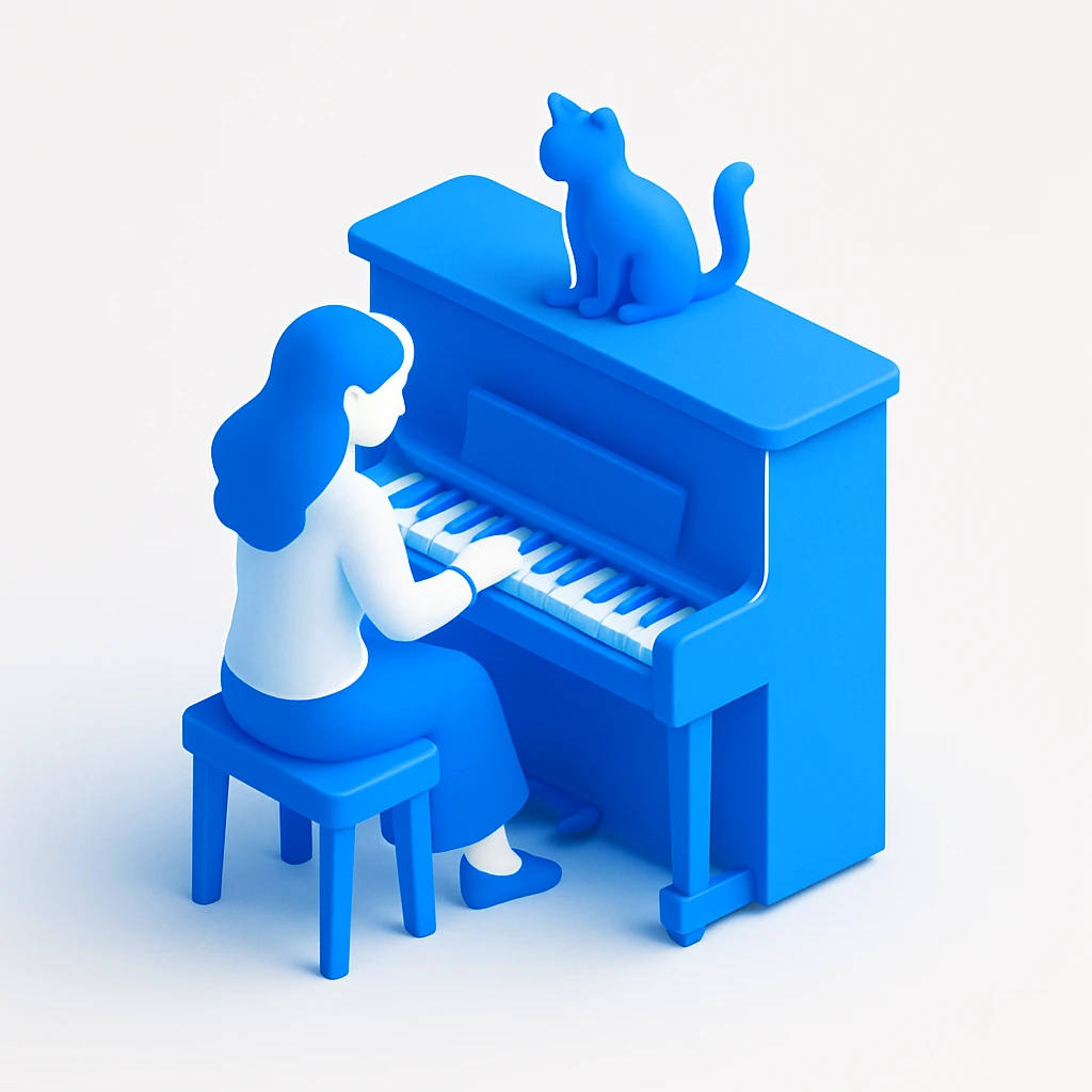 woman playing piano while her cat sits on top of the piano emoji