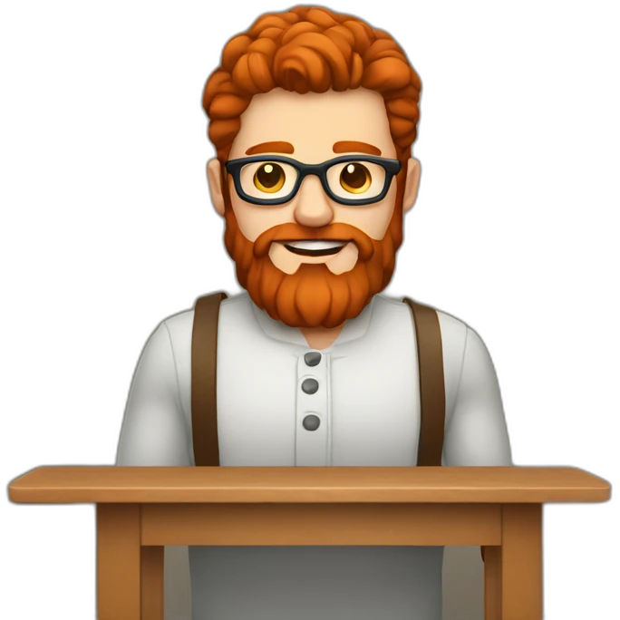 Red haired man with beard and glasses leather crafting at a table emoji