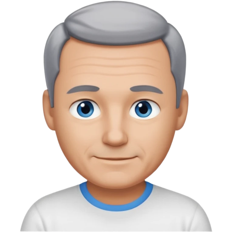 Middle aged man with tanned skin, little black to grey hair, receding hairline and no beard, blue eyes, shy smile emoji