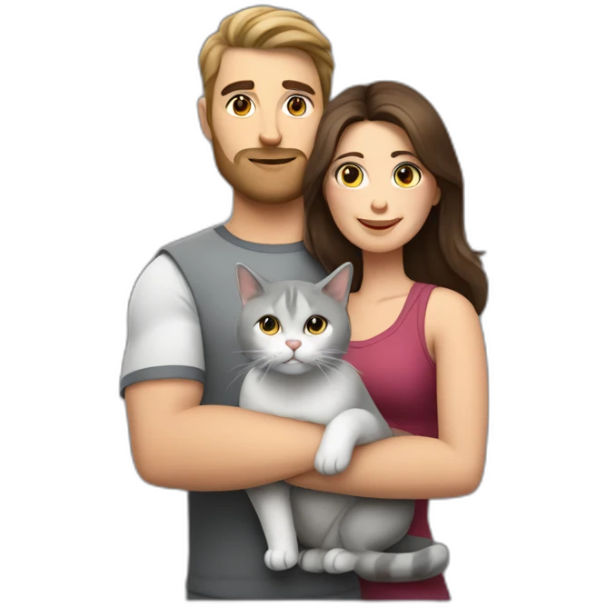white brun man and brunette woman with a fat gray cat in their arms emoji