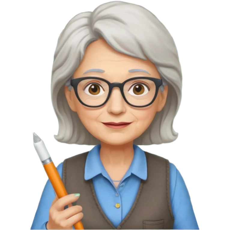 Female Teacher – older woman, similar vest attire, glasses, holding chalk emoji