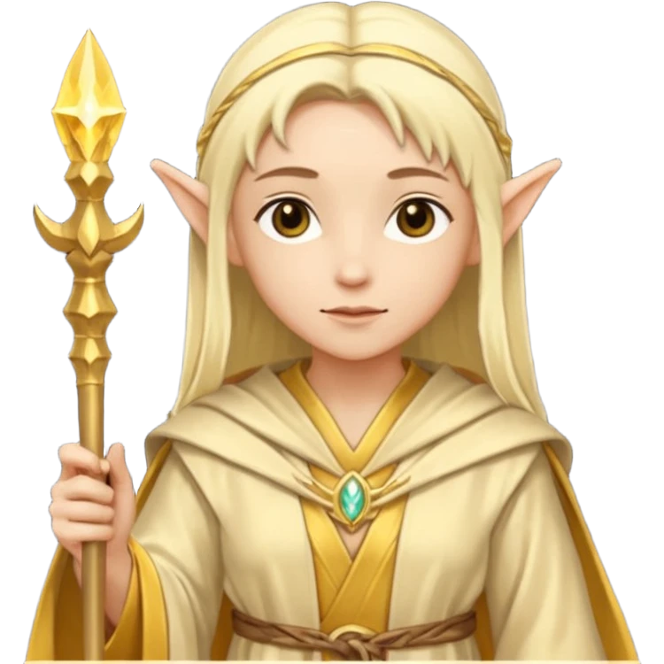 {
      "type": "human",
      "look": "light elf healer, golden robe, staff",
      "description": "a light elf healer wearing a golden robe and holding a staff"
    } emoji